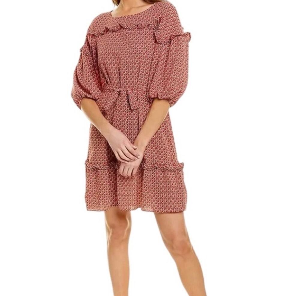 Max Studio rust red/orange babydoll dress, ruffle details, crewneck, Size XL